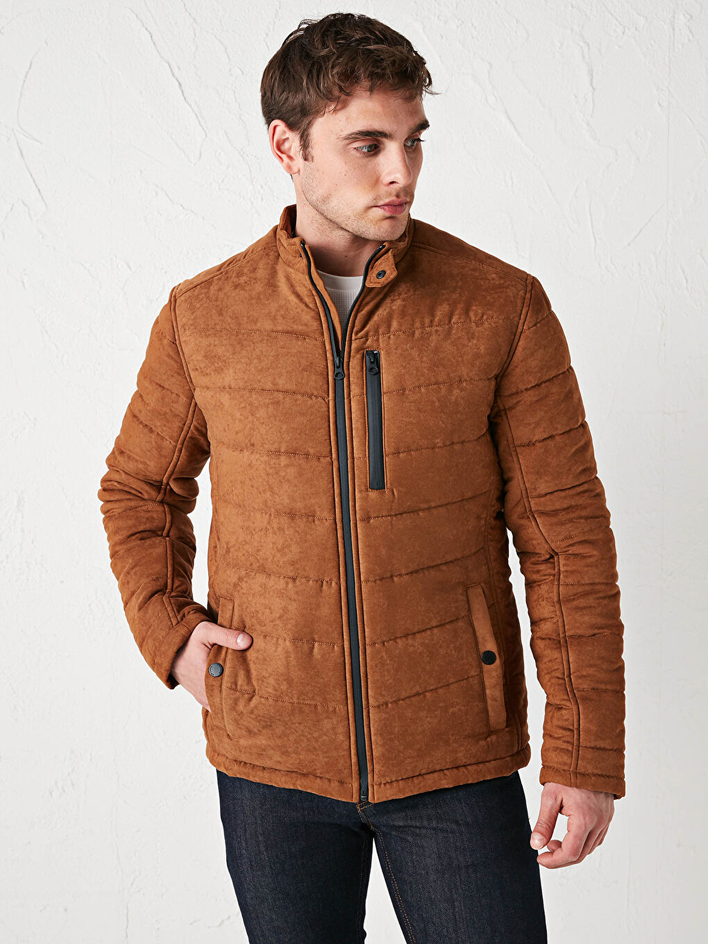 Bej Slim Fit Dik Yaka Süet Erkek Mont-1