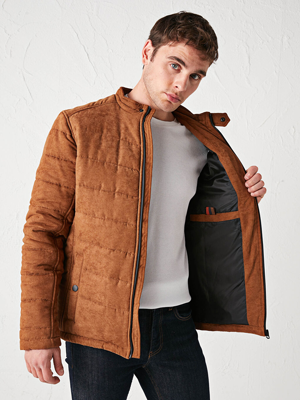 Bej Slim Fit Dik Yaka Süet Erkek Mont-2