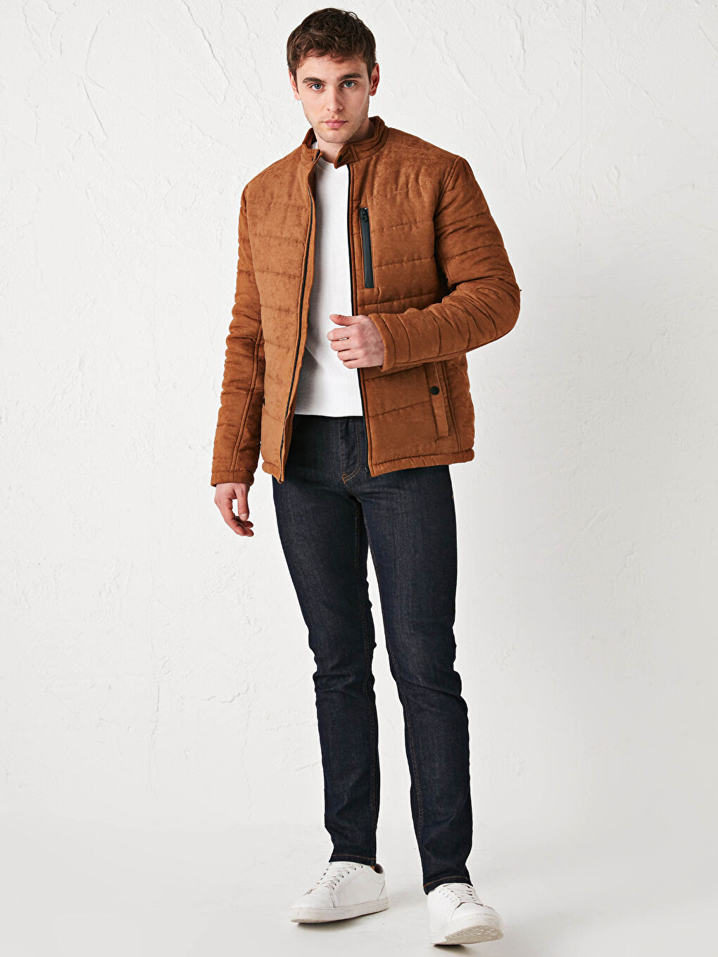 Bej Slim Fit Dik Yaka Süet Erkek Mont-4