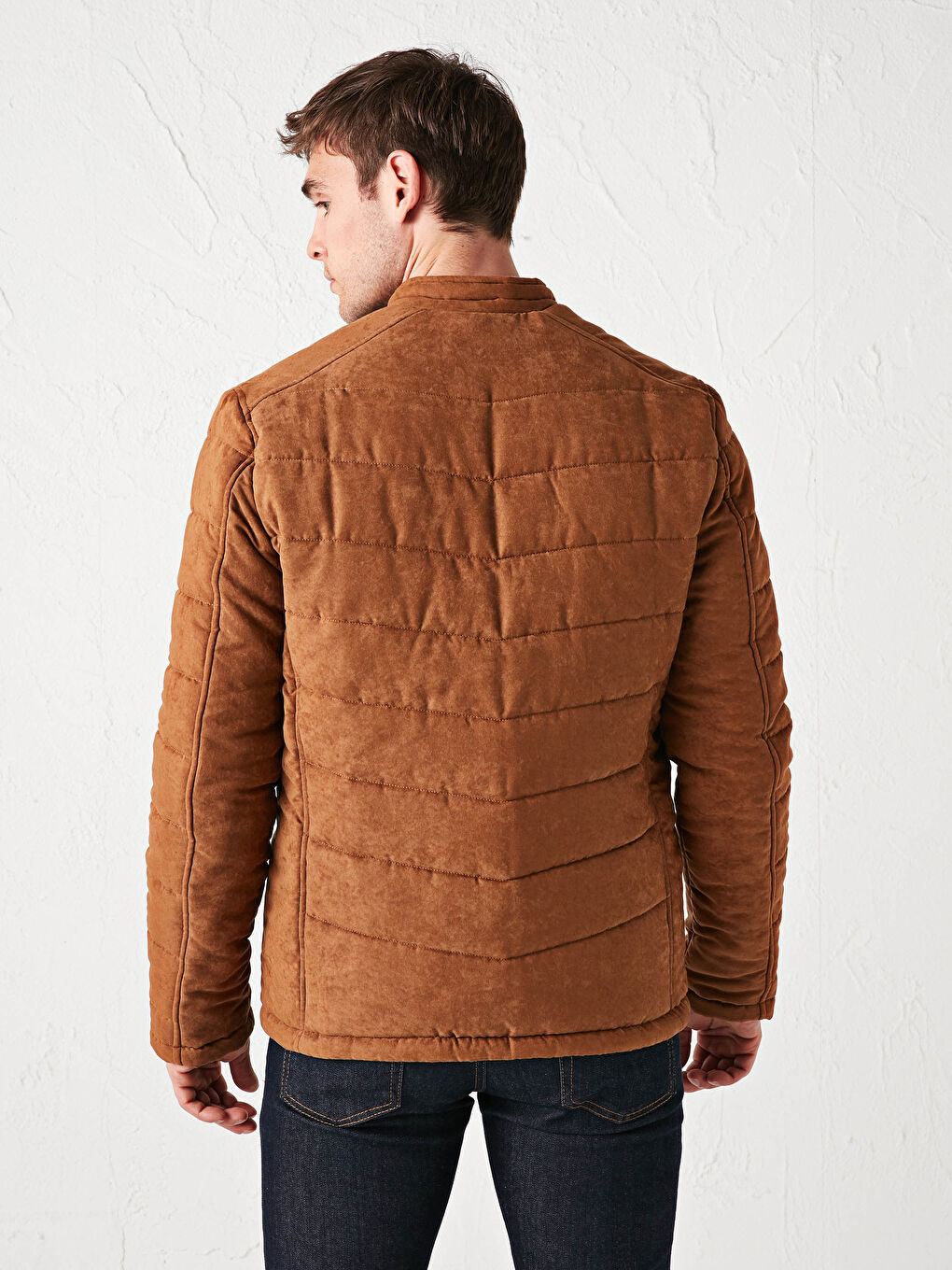 Bej Slim Fit Dik Yaka Süet Erkek Mont-5