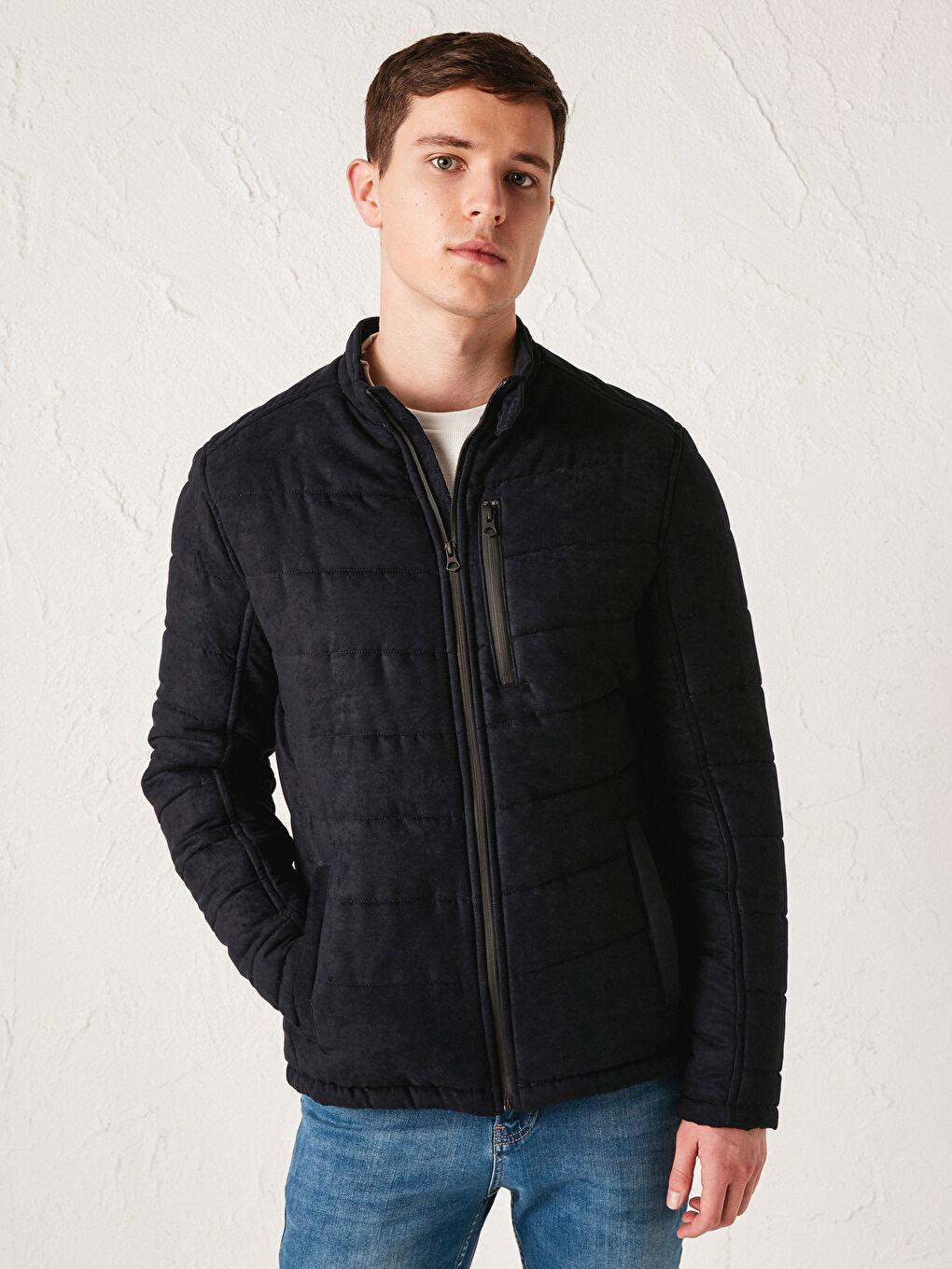 Slim Fit Funnel Neck Suede Men's Coat