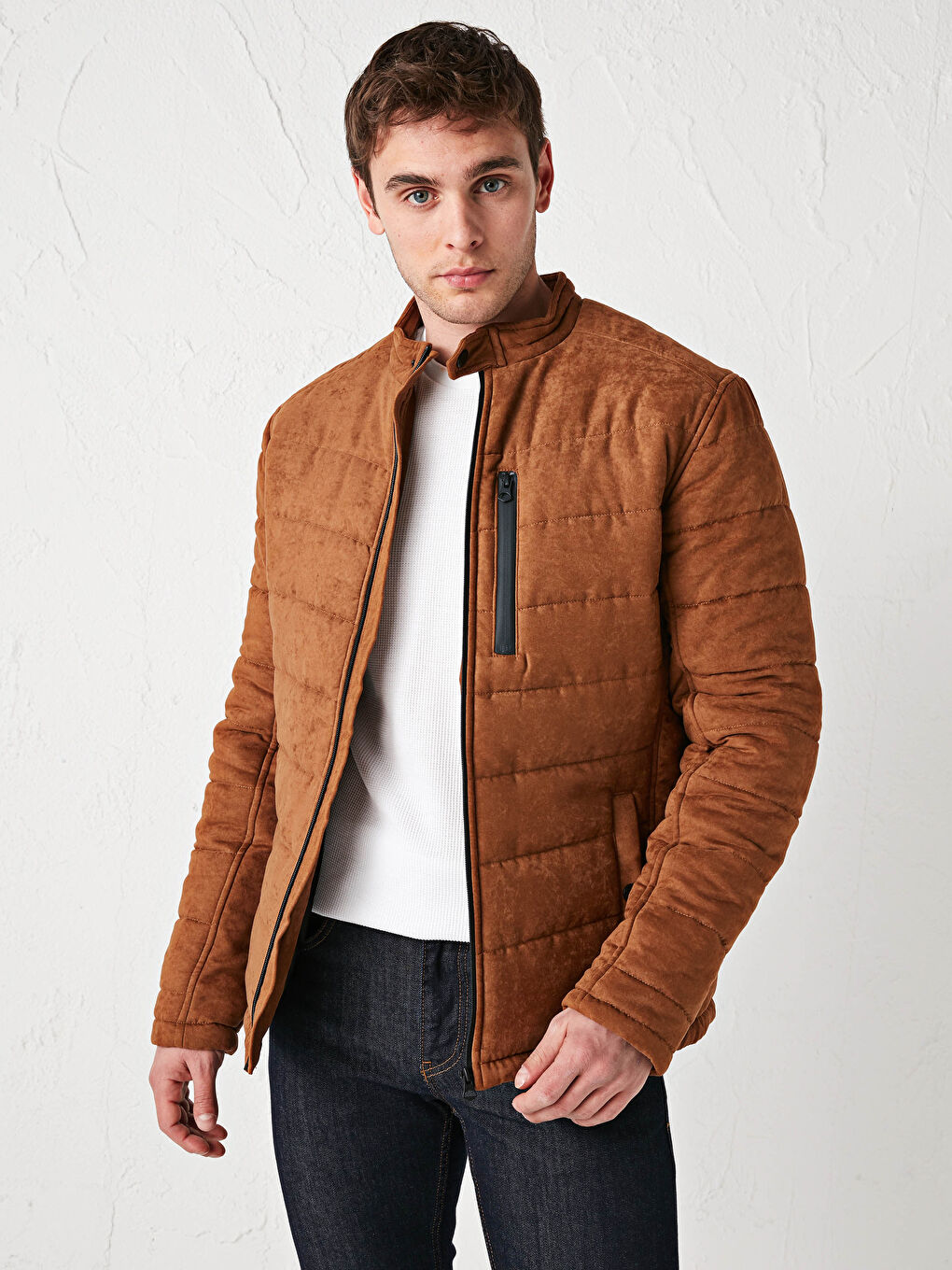 Bej Slim Fit Dik Yaka Süet Erkek Mont