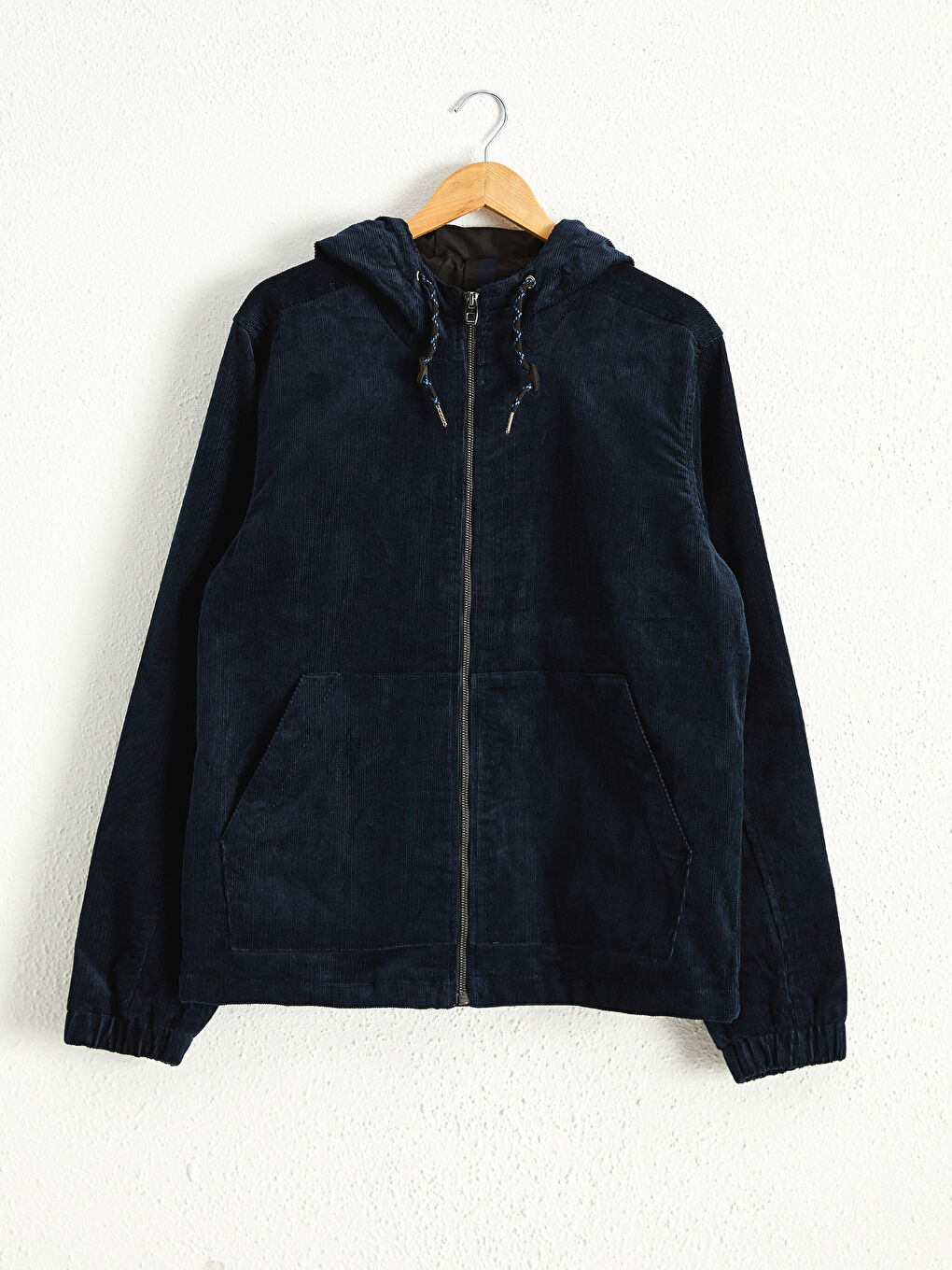 Lacivert Dik Yaka Kapüşonlu İnce Mont-6