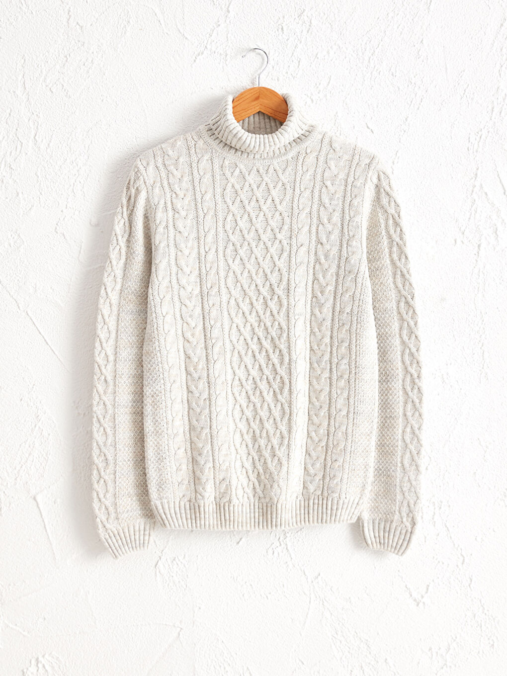 Gri Balıkçı Yaka Kendinden Desenli Triko Kazak