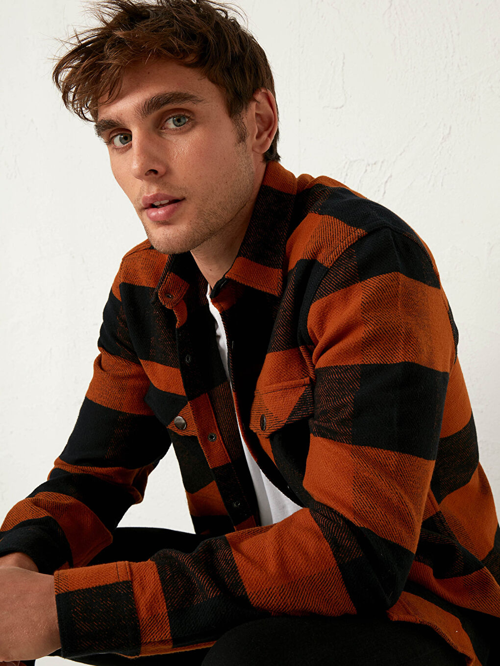 Chemise en flanelle à carreaux à manches longues coupe régulière pour hommes