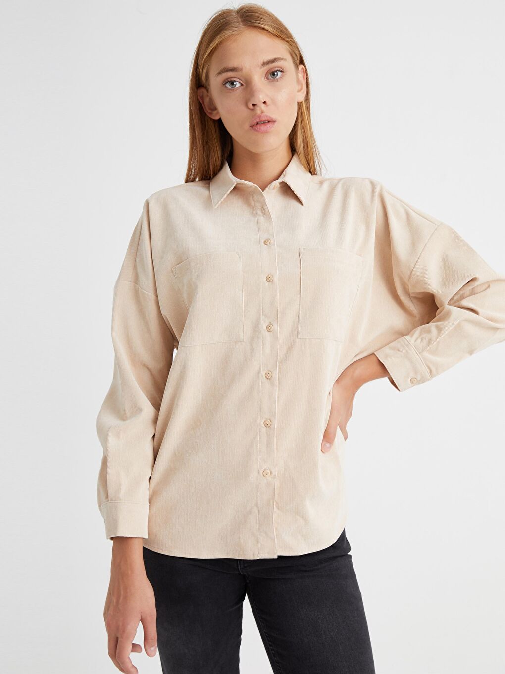 Shirt Collar Long Sleeve Velvet Women Pocket Velvet Shirt-2