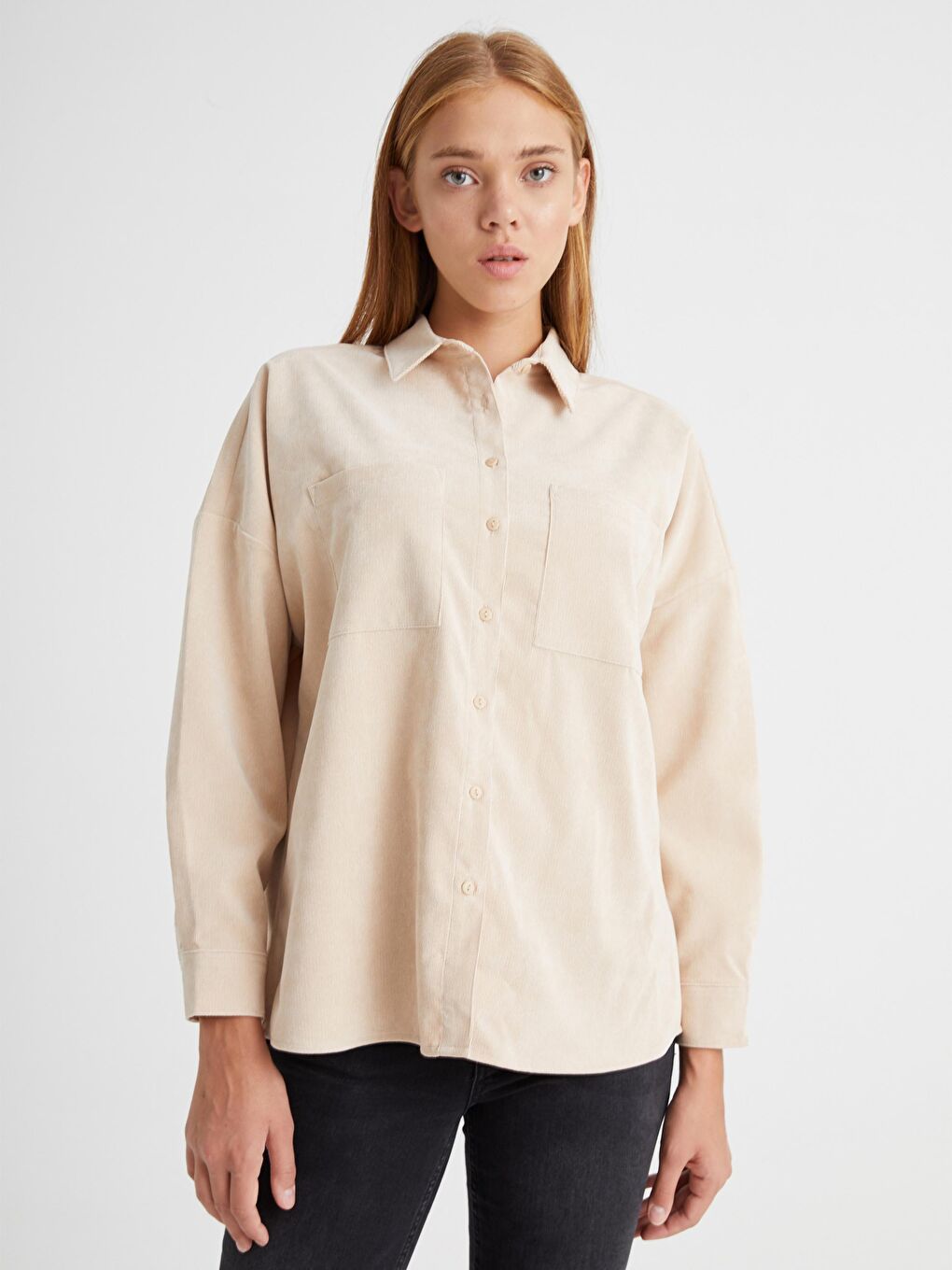 Shirt Collar Long Sleeve Velvet Women Pocket Velvet Shirt-1