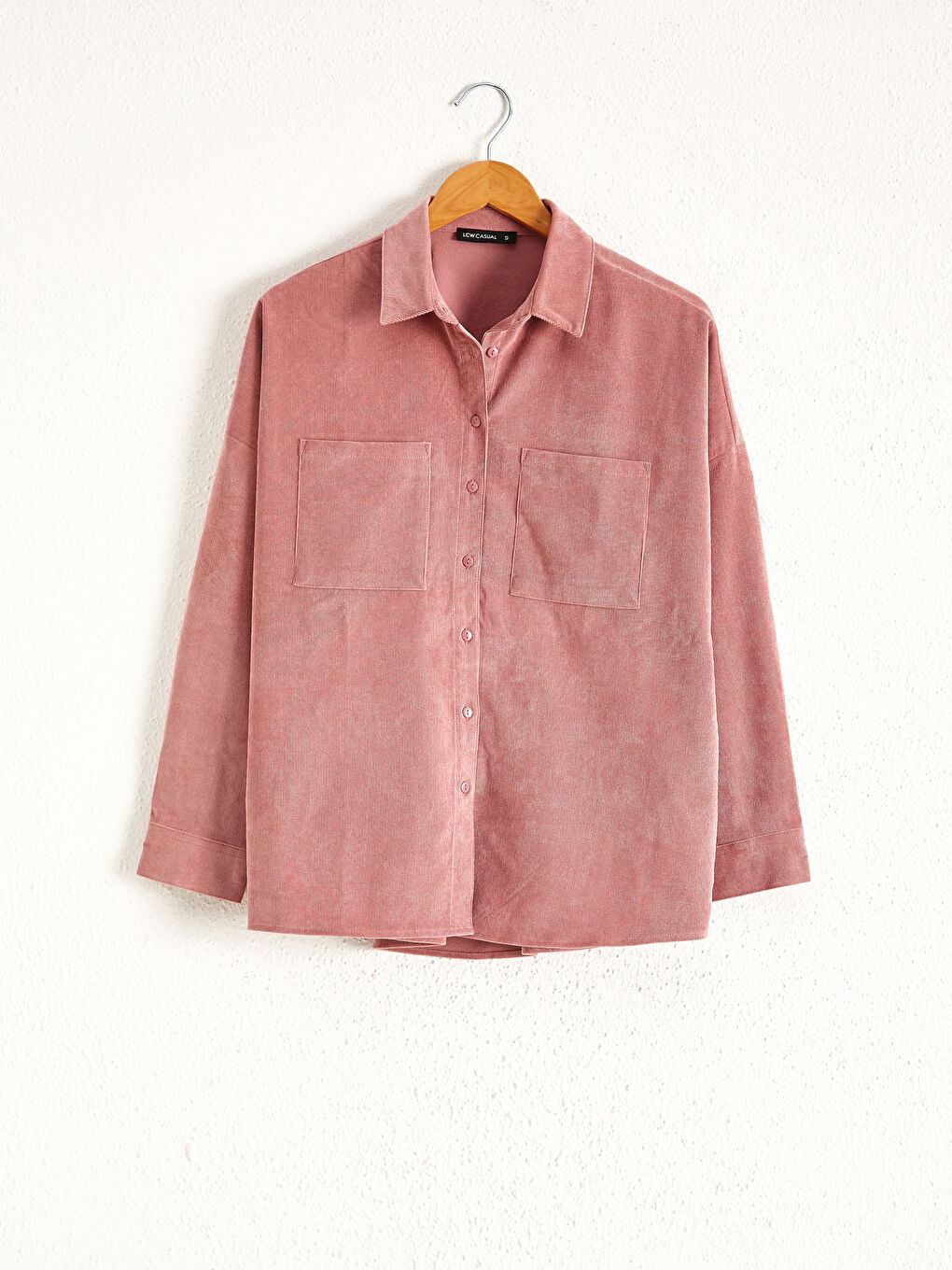 Pembe Gömlek Yaka Uzun Kollu Kadife Kadın Cepli Kadife Gömlek