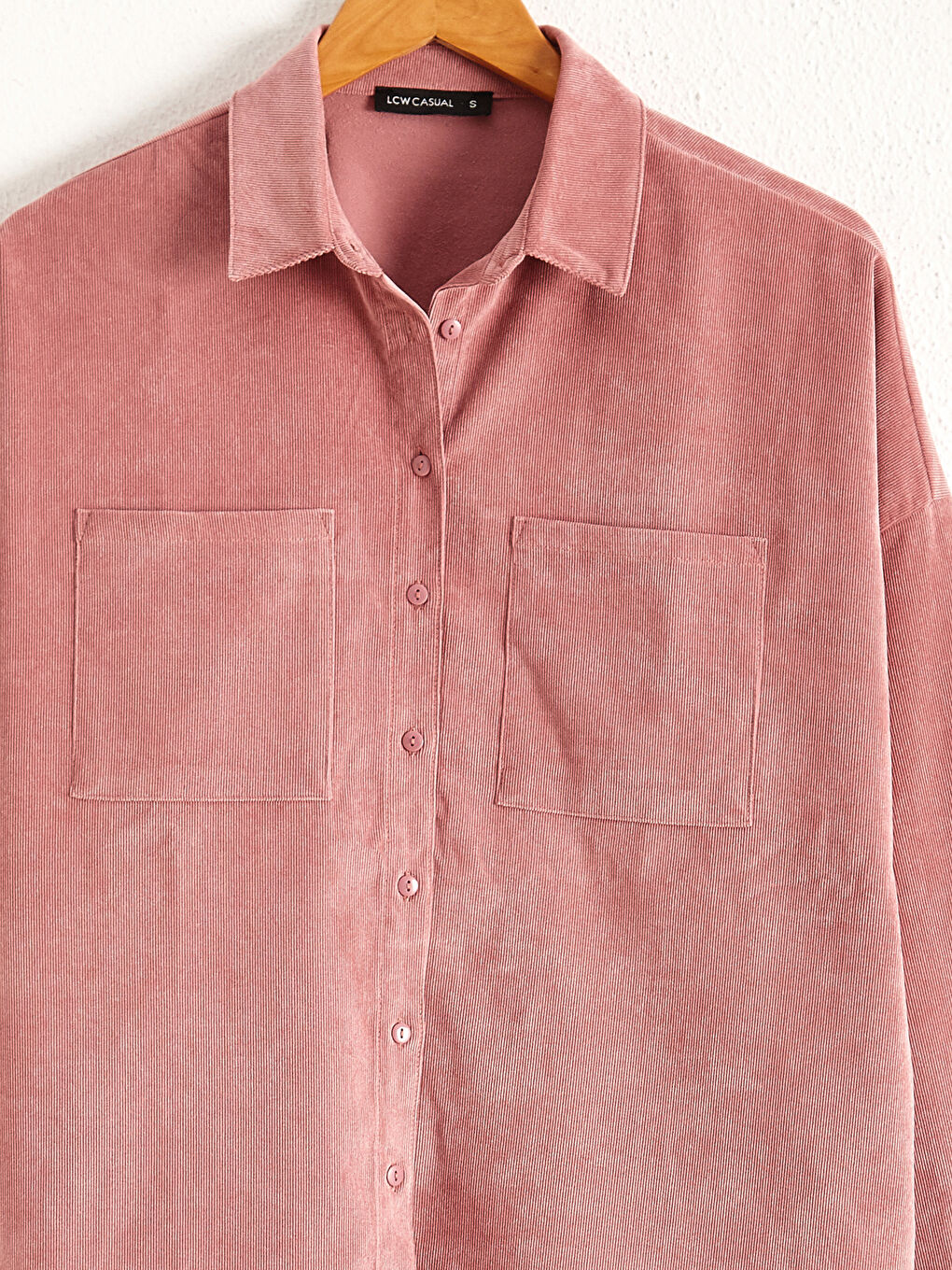 Pembe Gömlek Yaka Uzun Kollu Kadife Kadın Cepli Kadife Gömlek-2