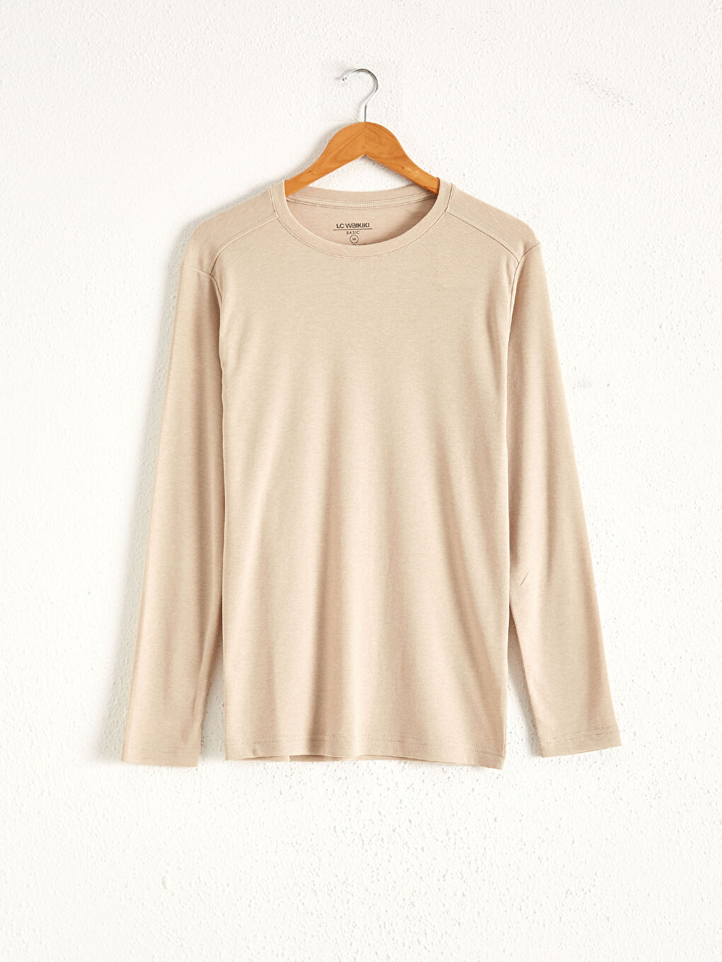 Bej Bisiklet Yaka Basic Uzun Kollu Tişört