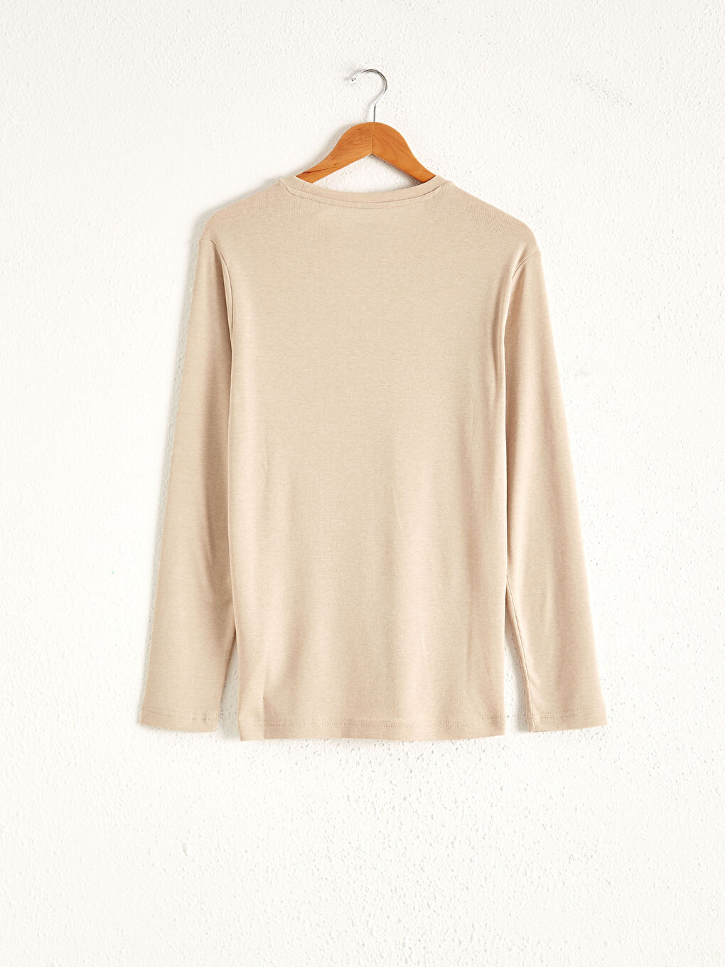 Bej Bisiklet Yaka Basic Uzun Kollu Tişört-1