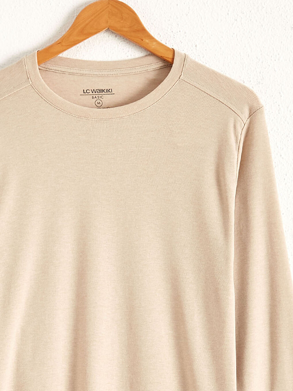 Bej Bisiklet Yaka Basic Uzun Kollu Tişört-2