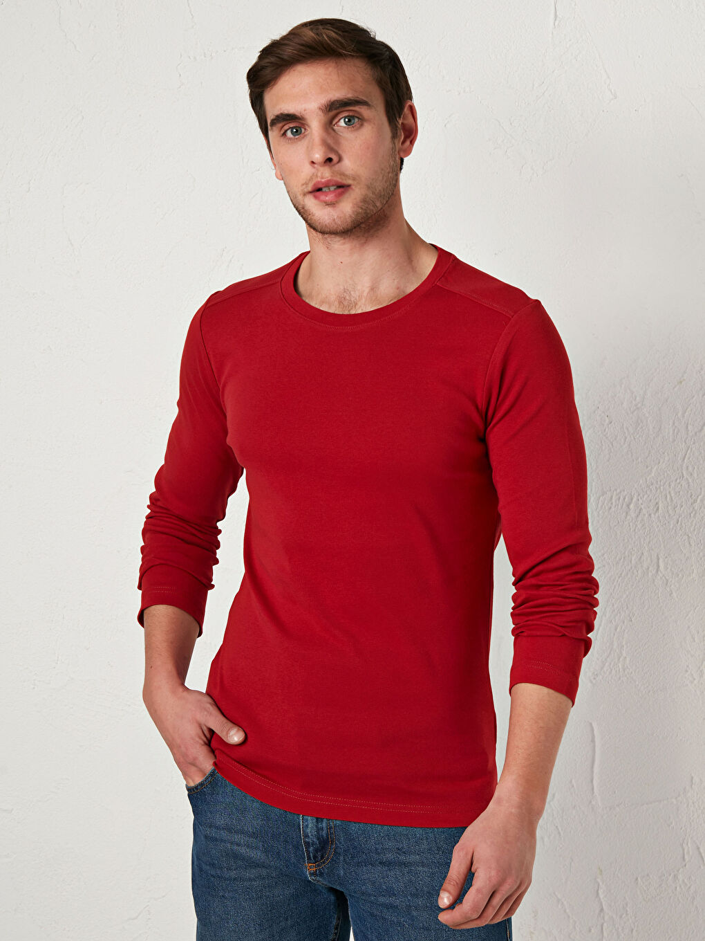 Kırmızı Bisiklet Yaka Basic Uzun Kollu Tişört-1