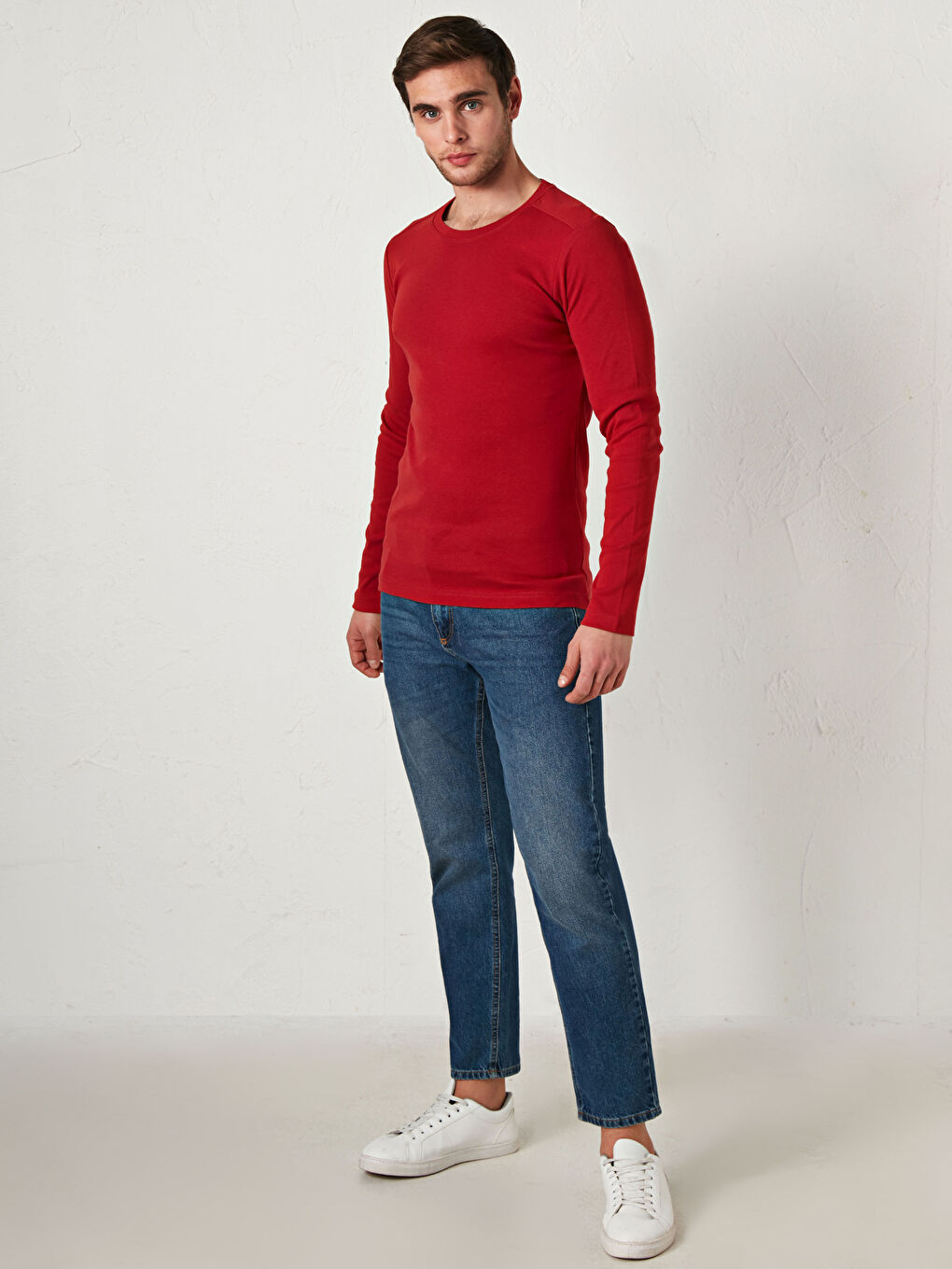 Kırmızı Bisiklet Yaka Basic Uzun Kollu Tişört-2