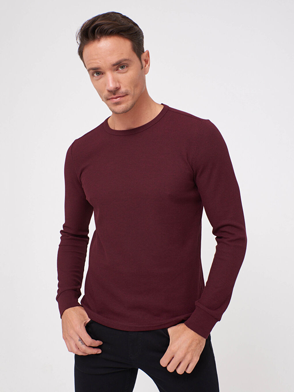 Bordo Bisiklet Yaka Uzun Kollu Basic Tişört