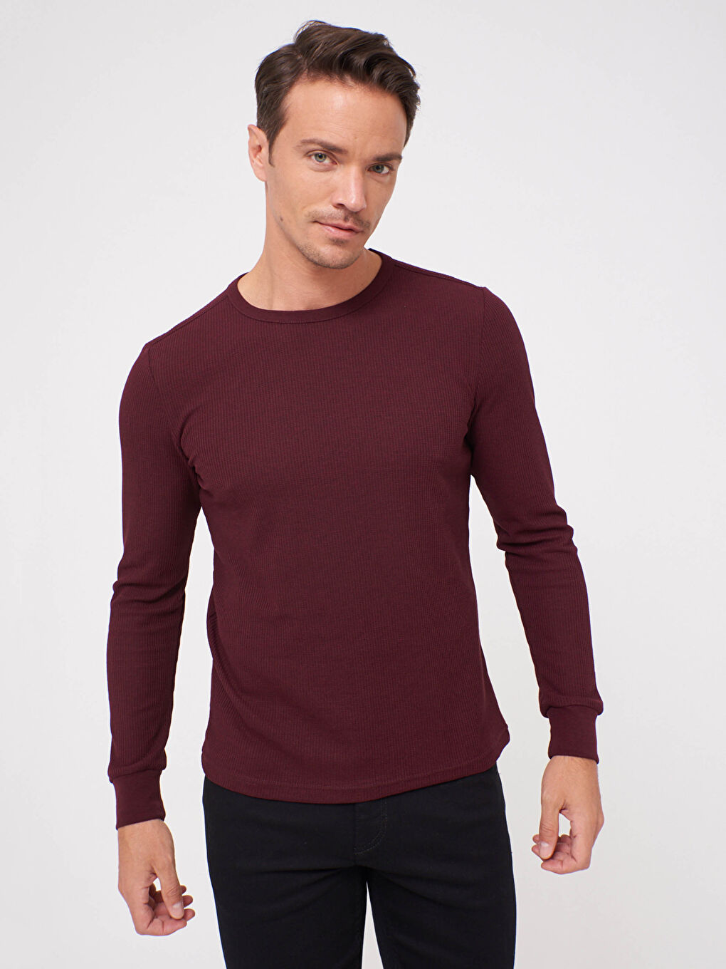 Bordo Bisiklet Yaka Uzun Kollu Basic Tişört-1