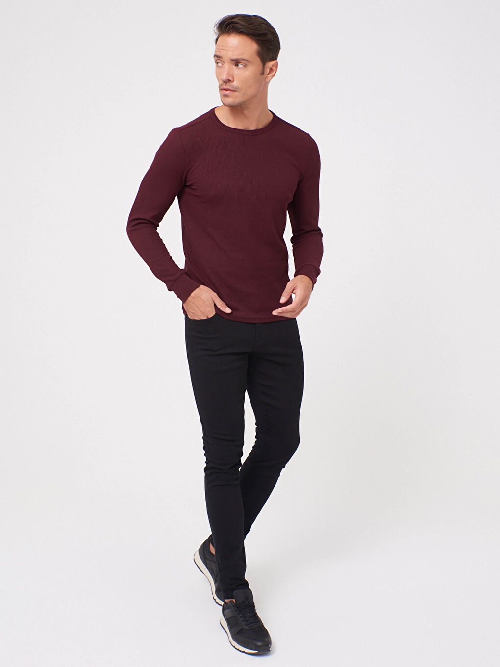 Bordo Bisiklet Yaka Uzun Kollu Basic Tişört-2