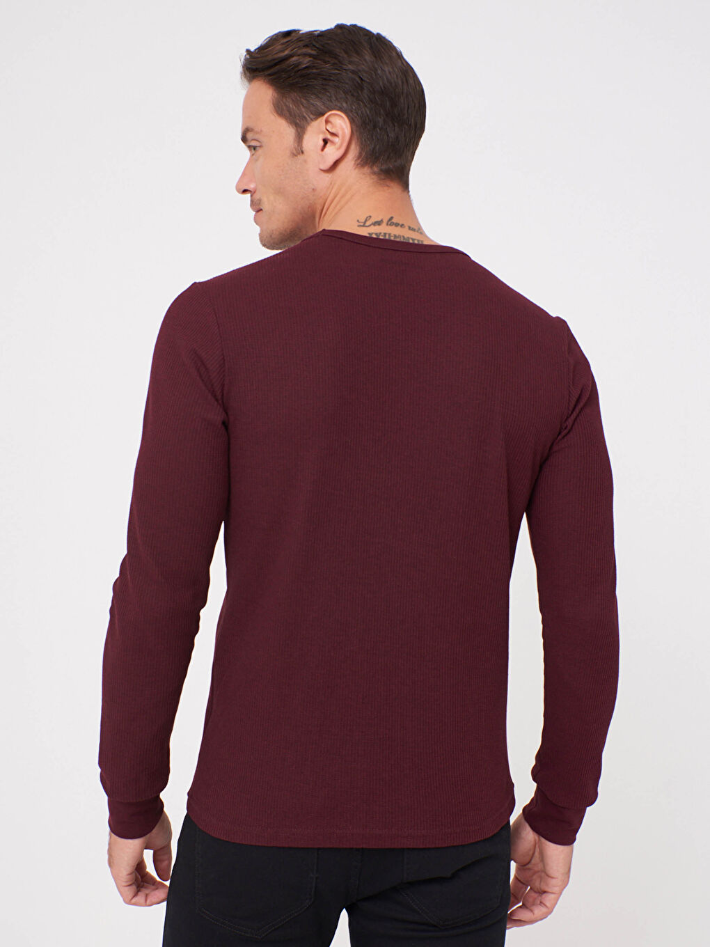 Bordo Bisiklet Yaka Uzun Kollu Basic Tişört-3