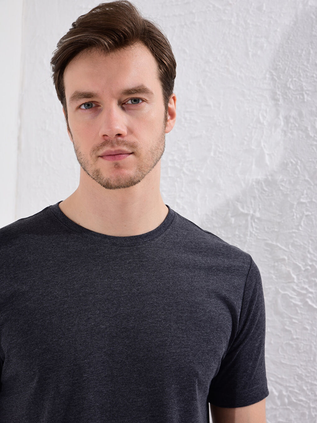 Antrasit Bisiklet Yaka Basic Kısa Kollu Tişört-4