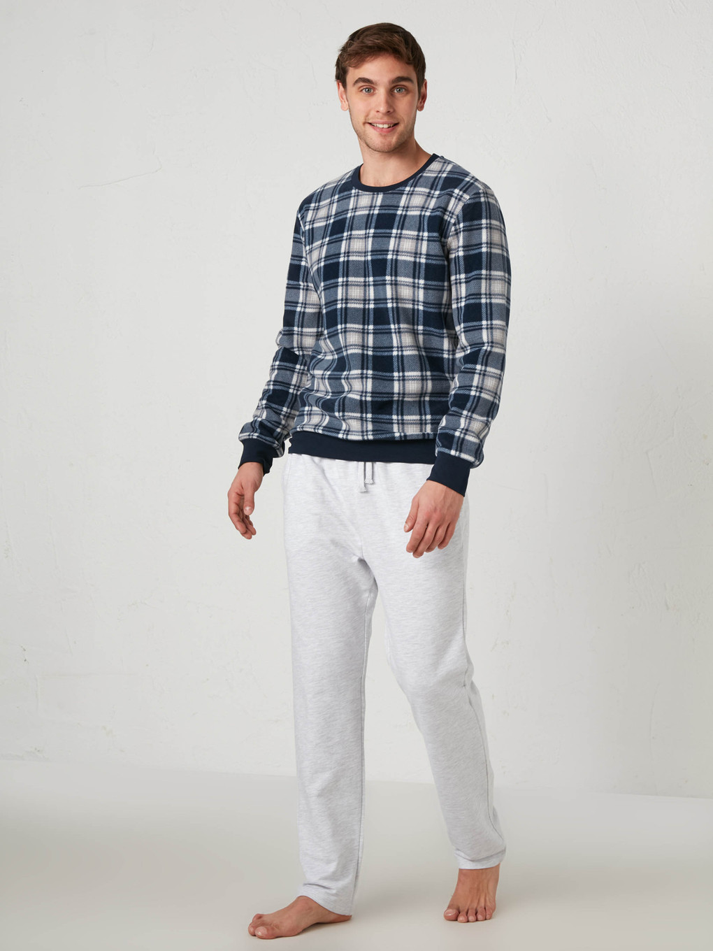 Lacivert Bisiklet Yaka Ekose Pijama Üst-2