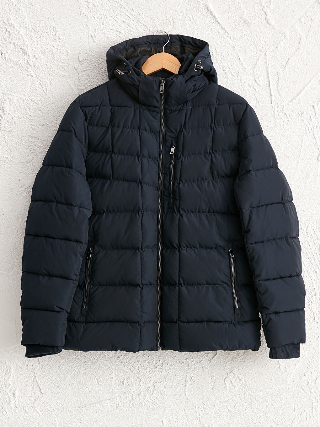 Lacivert Slim Fit Kapüşonlu Kalın Şişme Mont