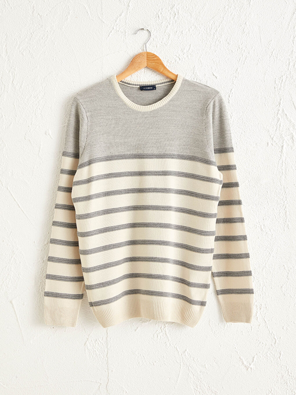 Bej Çizgili Bisiklet Yaka İnce Triko Kazak