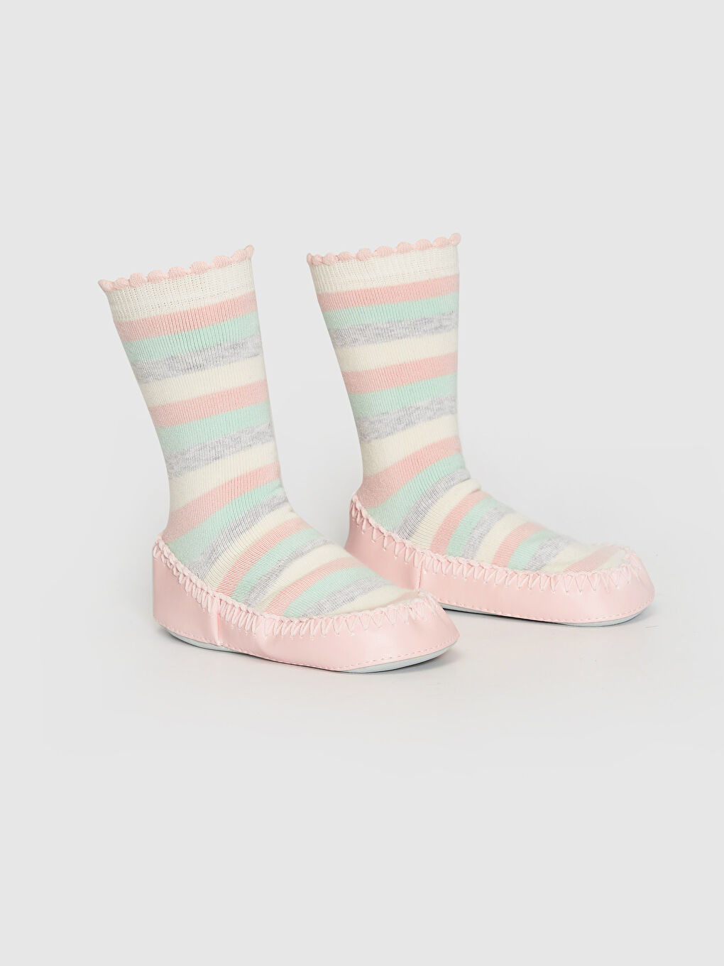 Pembe Çizgili Kız Bebek Ev Çorabı