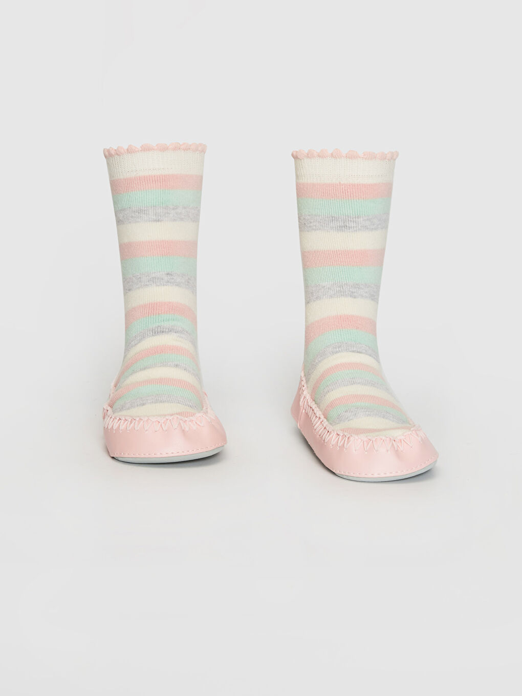 Pembe Çizgili Kız Bebek Ev Çorabı-1