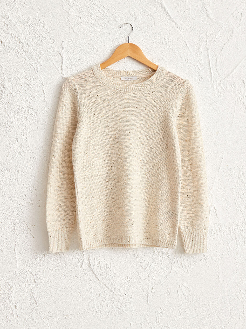 Ekru Bisiklet Yaka Payet İşlemeli Uzun Kollu Kadın Triko Kazak