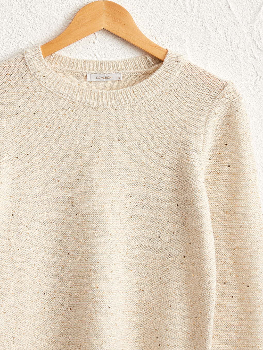 Ekru Bisiklet Yaka Payet İşlemeli Uzun Kollu Kadın Triko Kazak-2