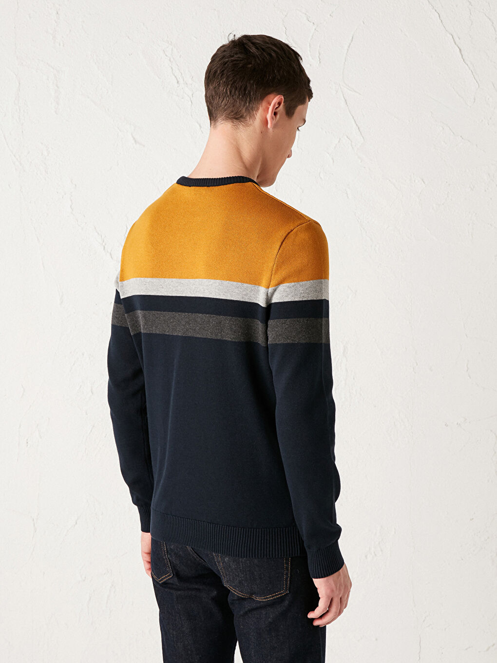 Sarı Bisiklet Yaka Çizgili Triko Kazak-4