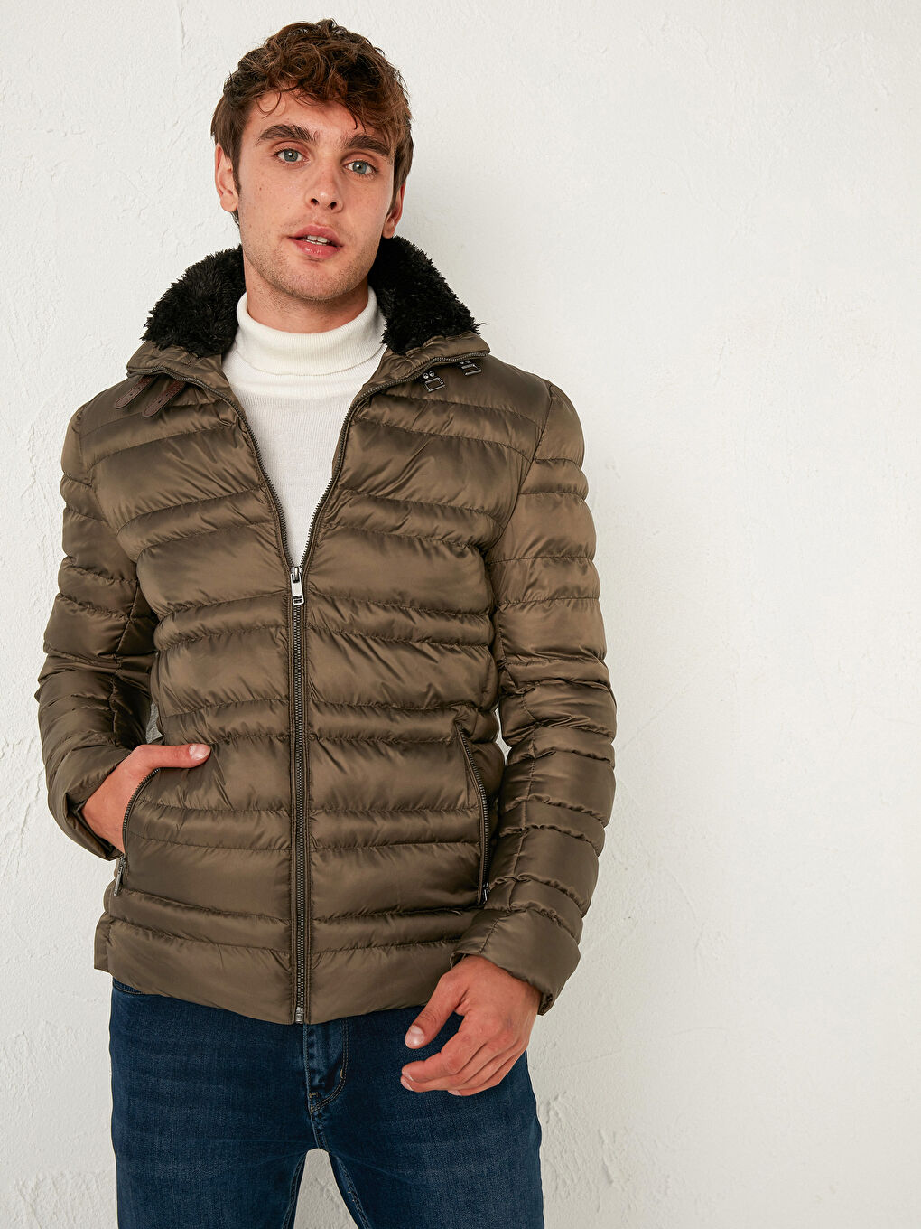 Haki Dik Yaka Erkek Şişme Mont