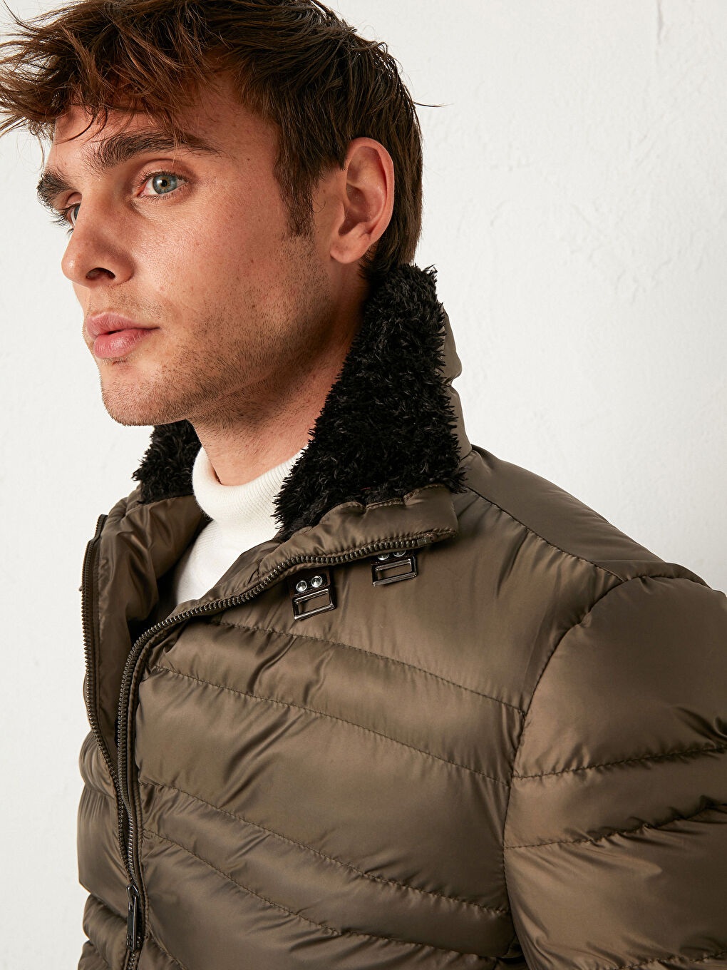 Haki Dik Yaka Erkek Şişme Mont-1