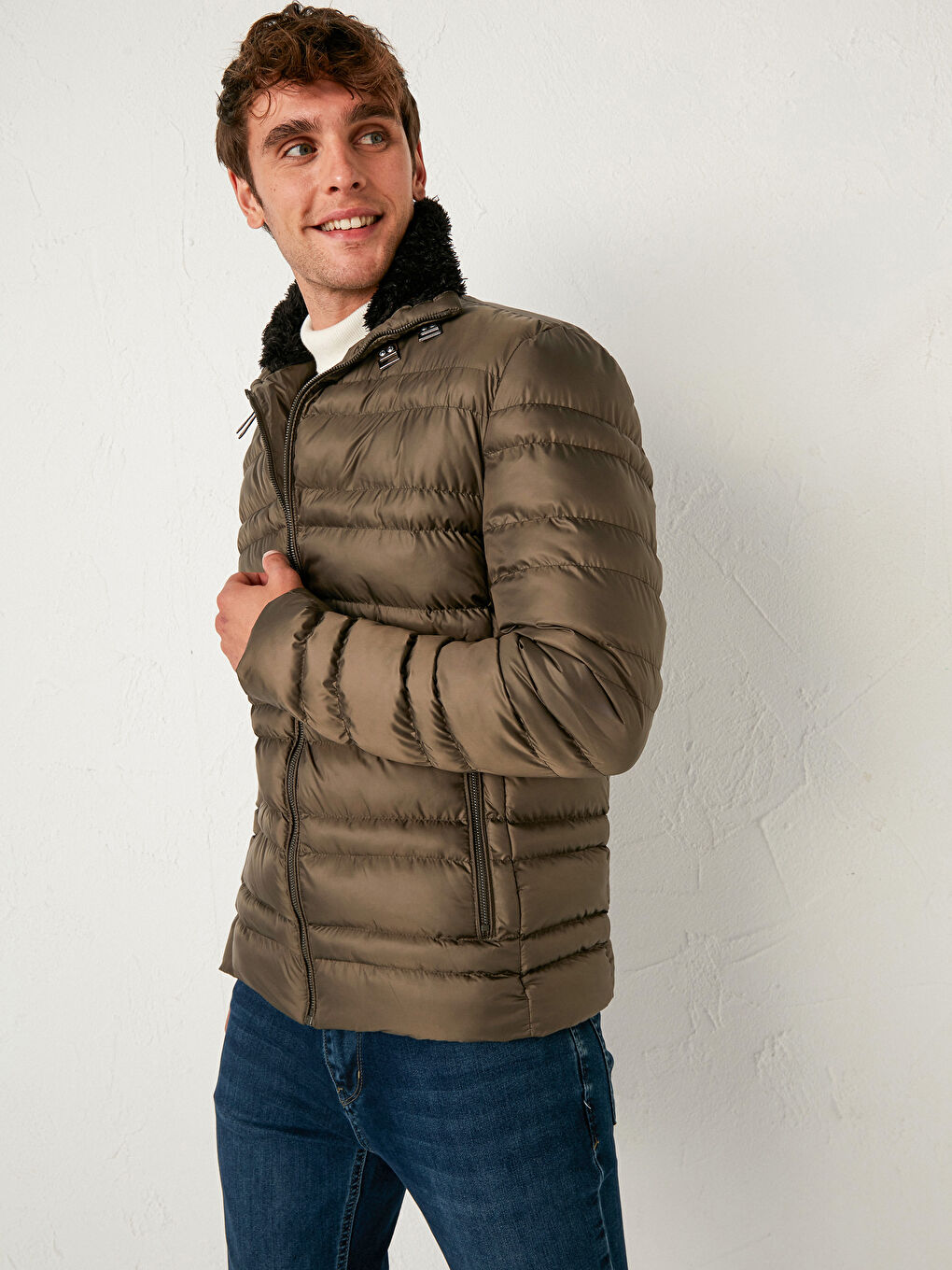 Haki Dik Yaka Erkek Şişme Mont-2