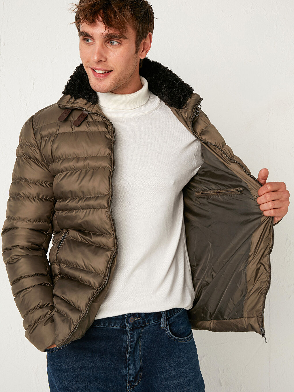 Haki Dik Yaka Erkek Şişme Mont-3