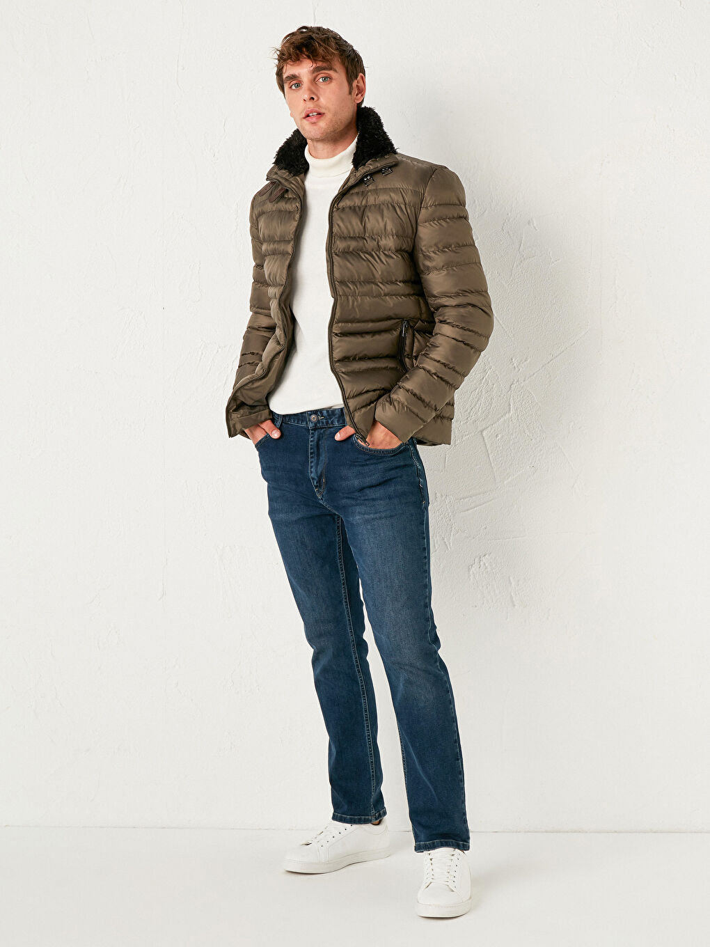 Haki Dik Yaka Erkek Şişme Mont-6