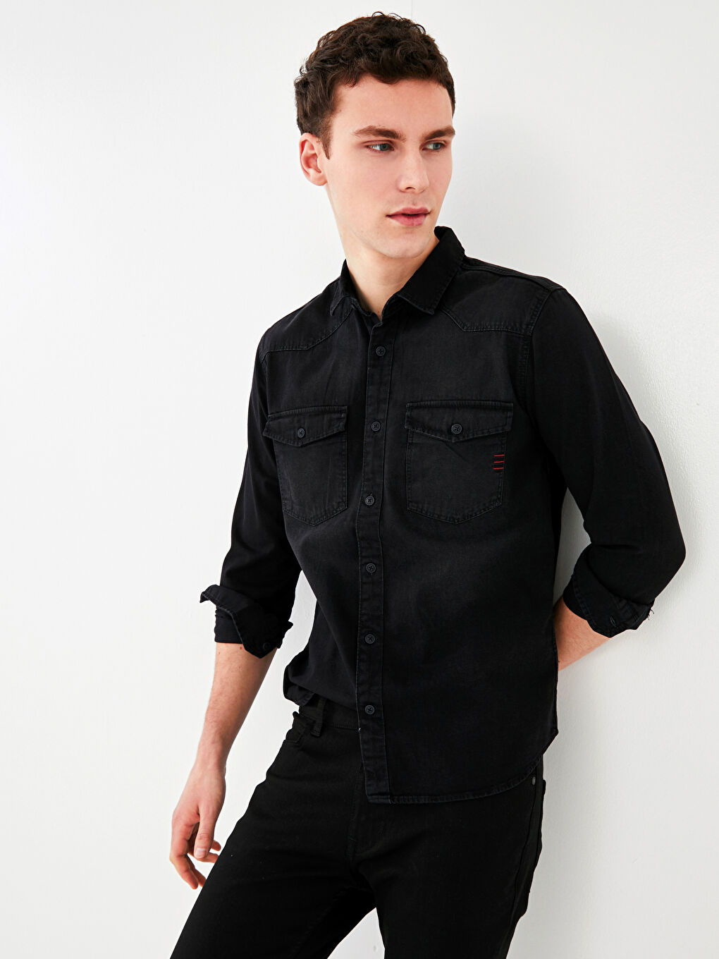 Slim Fit Long Sleeve Men's Denim Shirt