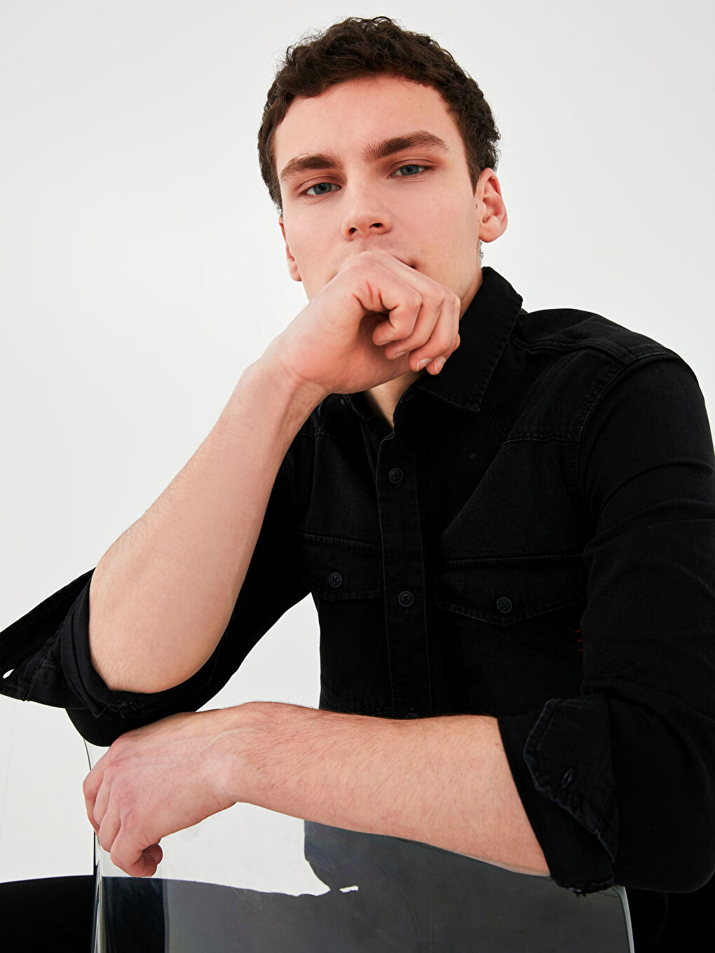 Slim Fit Long Sleeve Men's Denim Shirt-1