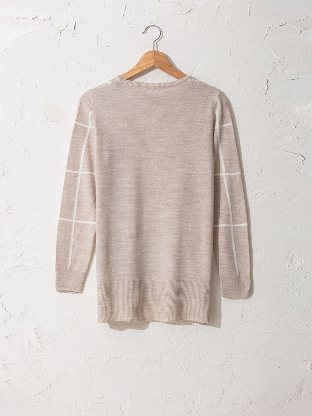 Bej Bisiklet Yaka Kareli Uzun Kollu Kadın Triko Kazak-1