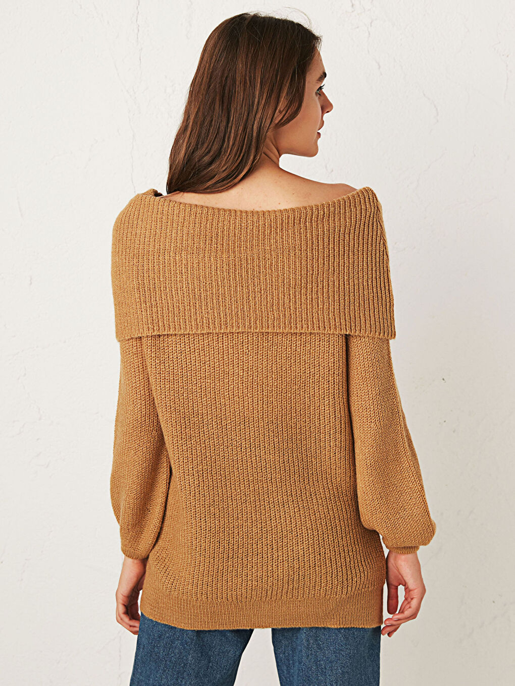 Bej Uzun Kollu Kadın Kalın Triko Kazak-5