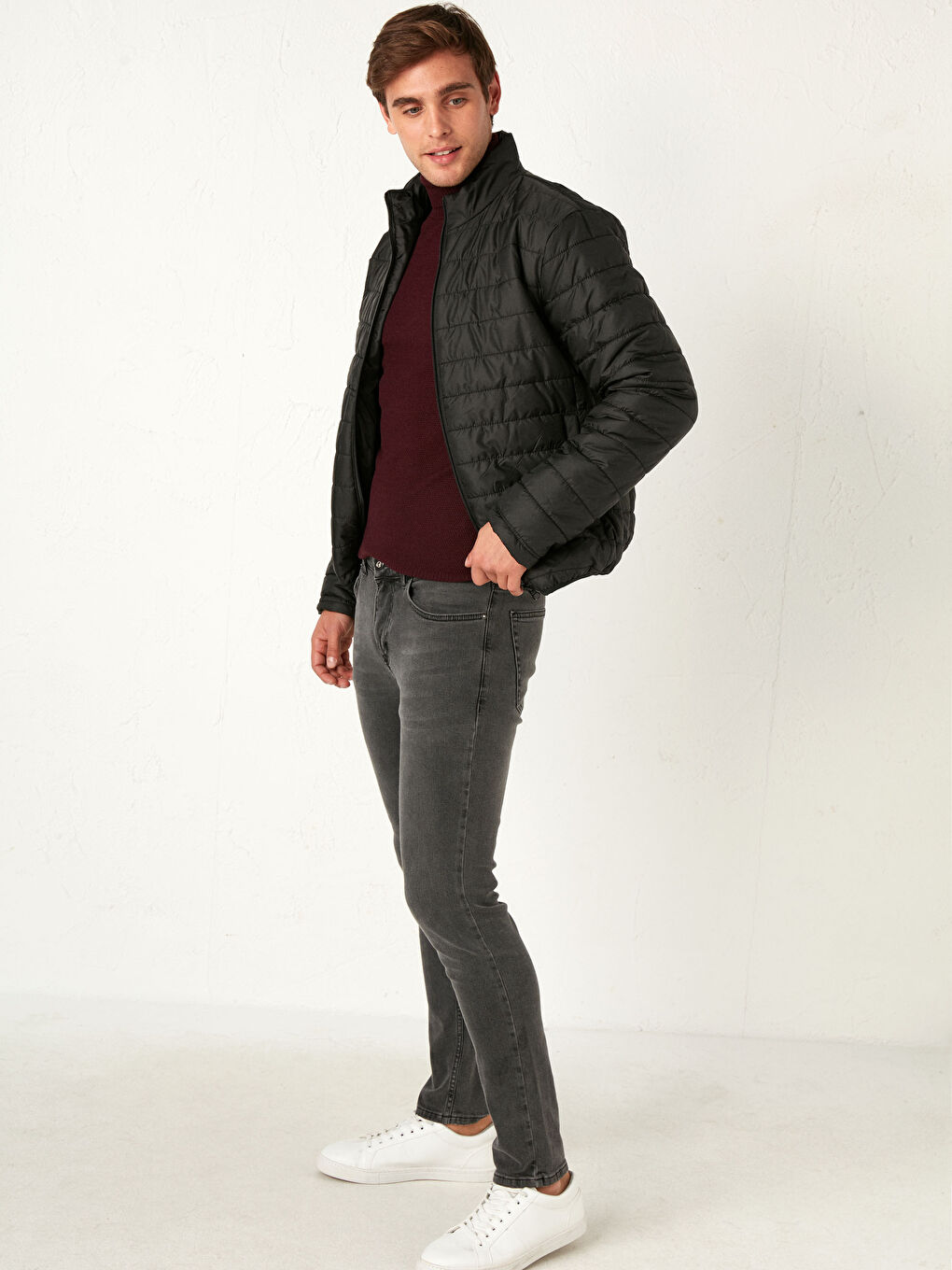 Siyah Rahat Kalıp Dik Yaka Erkek Şişme Mont-2