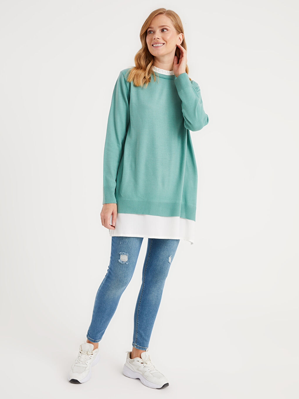 Turkuaz Bisiklet Yaka Uzun Kollu Hamile Triko Tunik-2