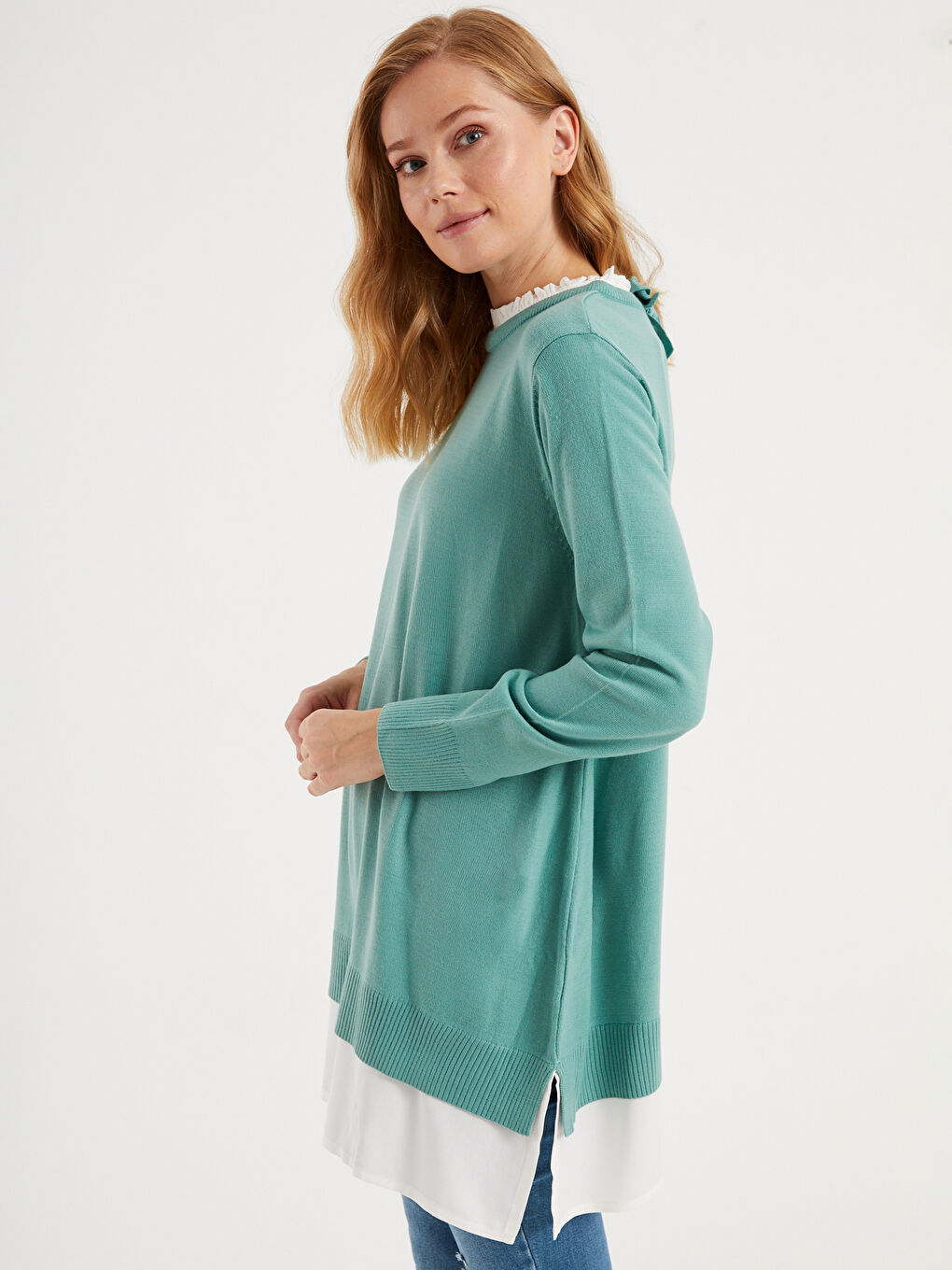 Turkuaz Bisiklet Yaka Uzun Kollu Hamile Triko Tunik-3