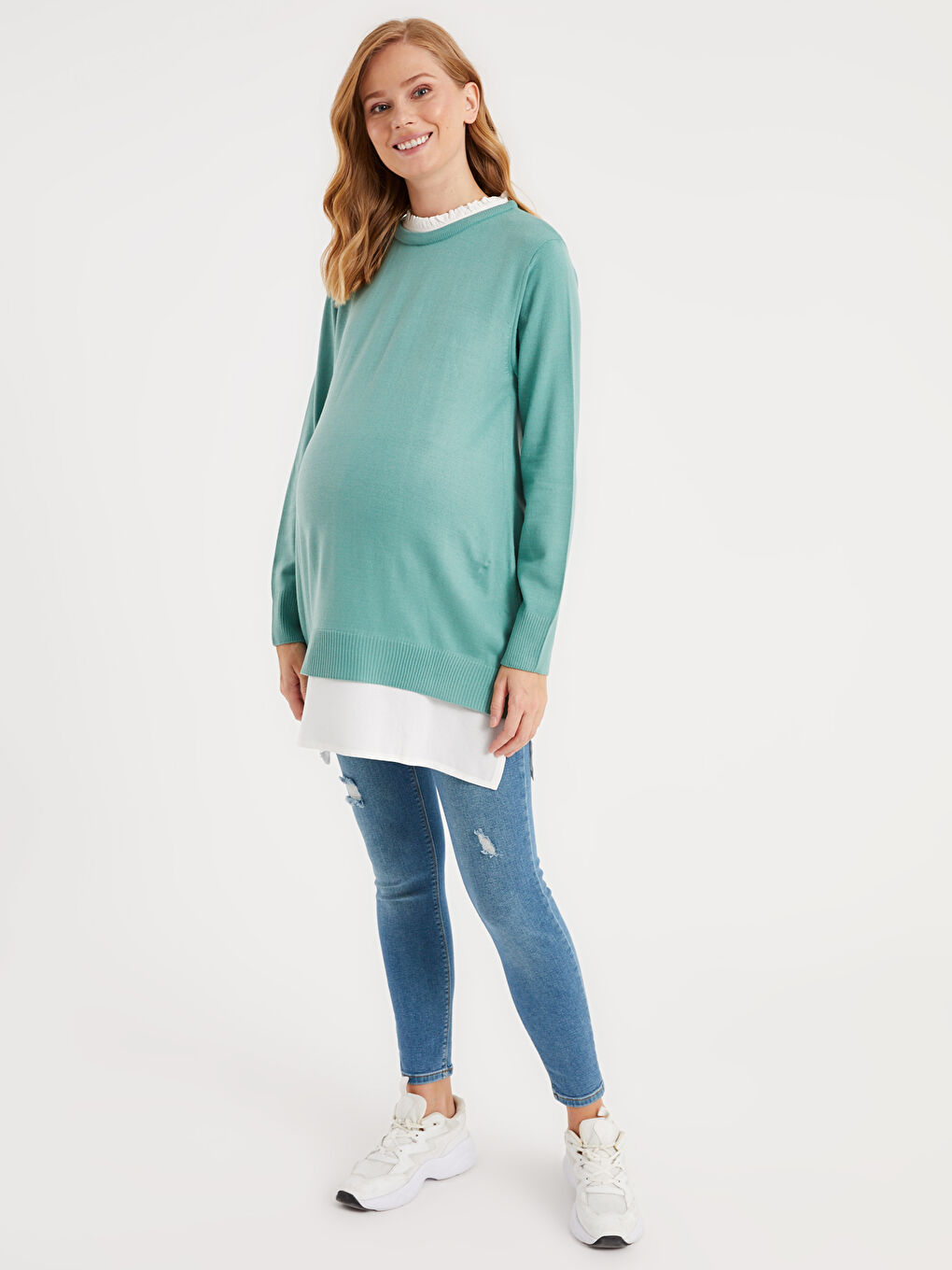 Turkuaz Bisiklet Yaka Uzun Kollu Hamile Triko Tunik-4