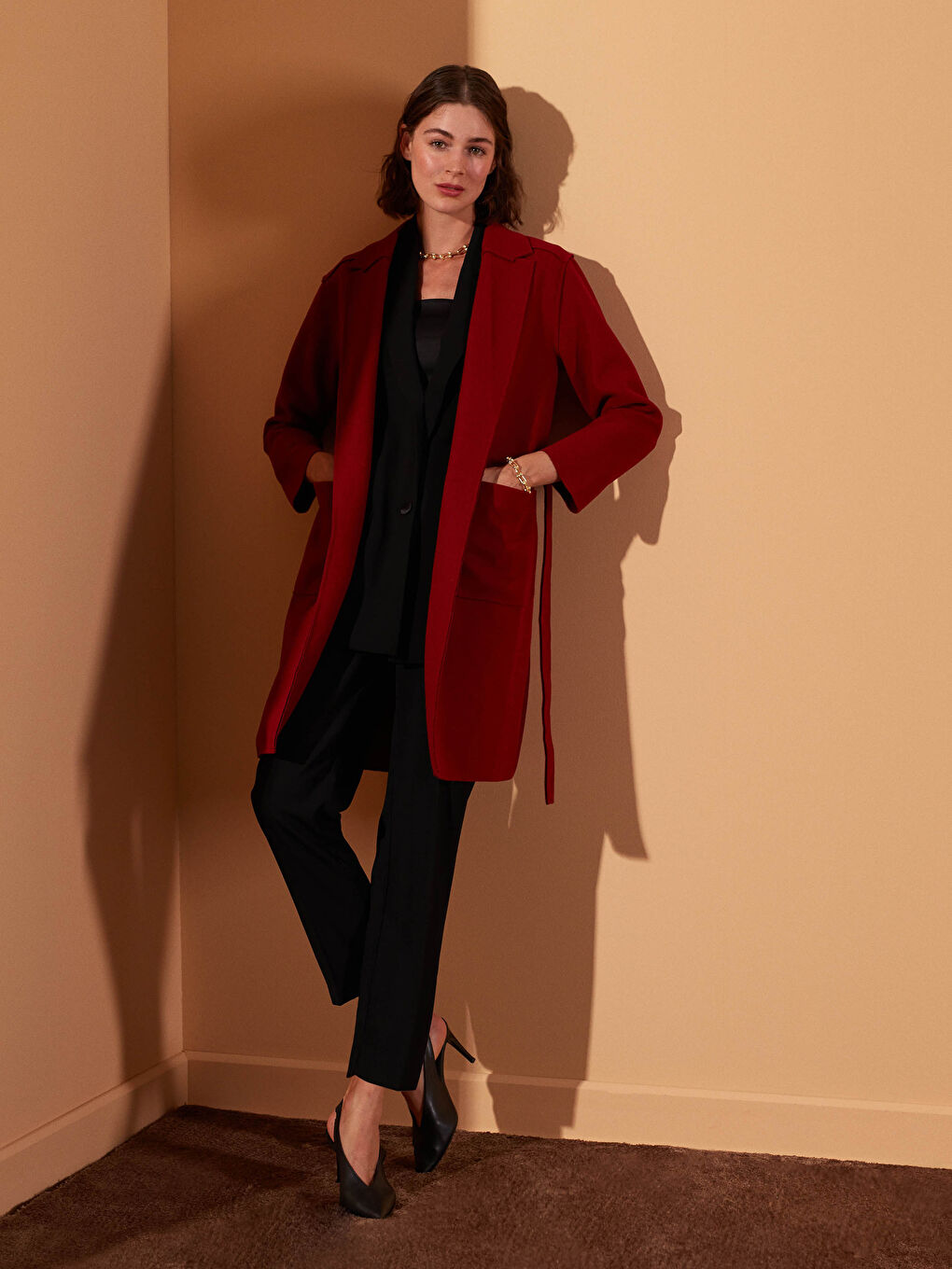 Shawl Collar Long Sleeved Women's Belted Cachet Coat-7