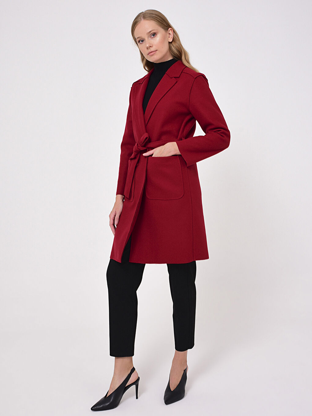 Shawl Collar Long Sleeved Women's Belted Cachet Coat-2