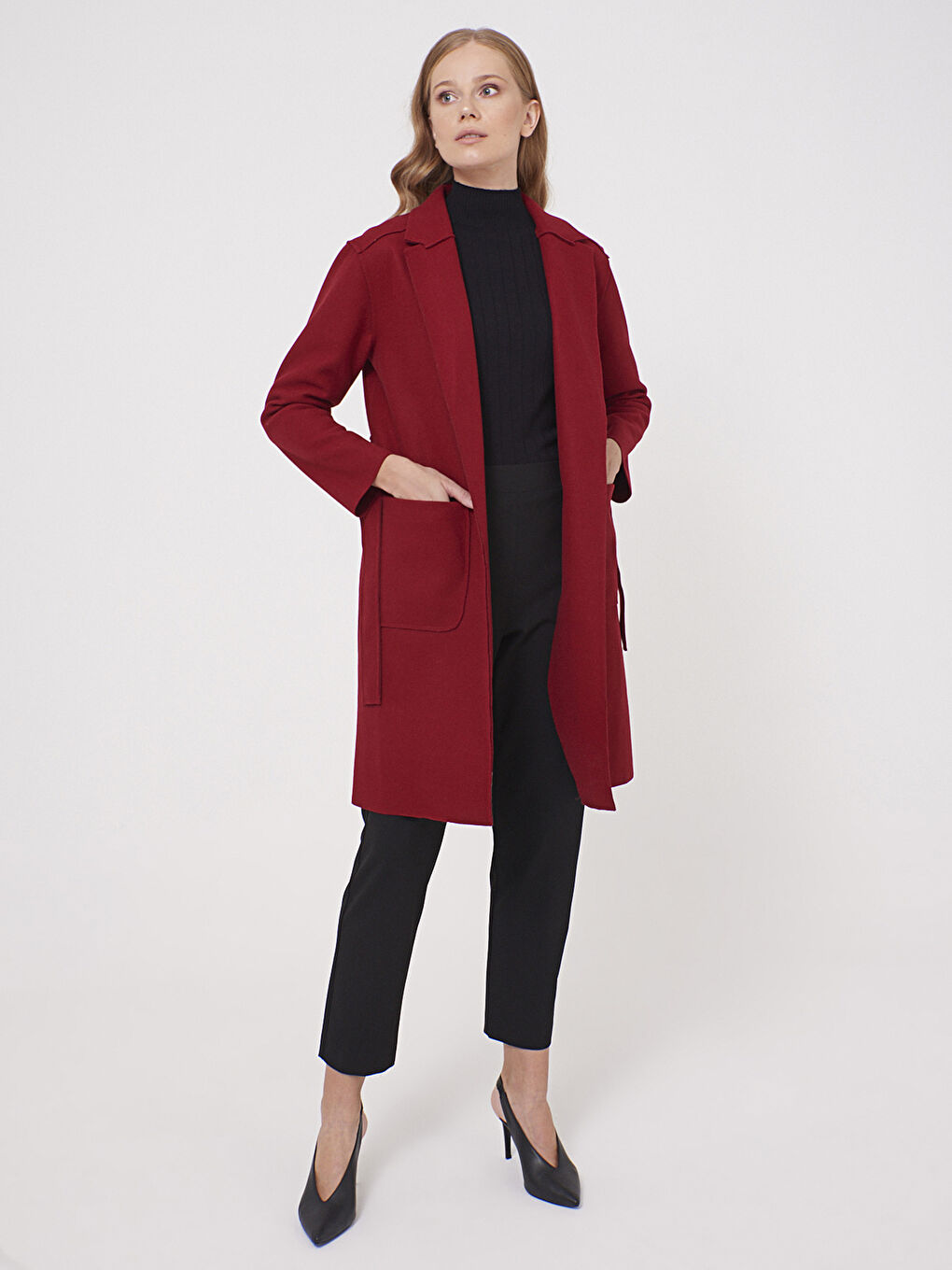 Shawl Collar Long Sleeved Women's Belted Cachet Coat-4
