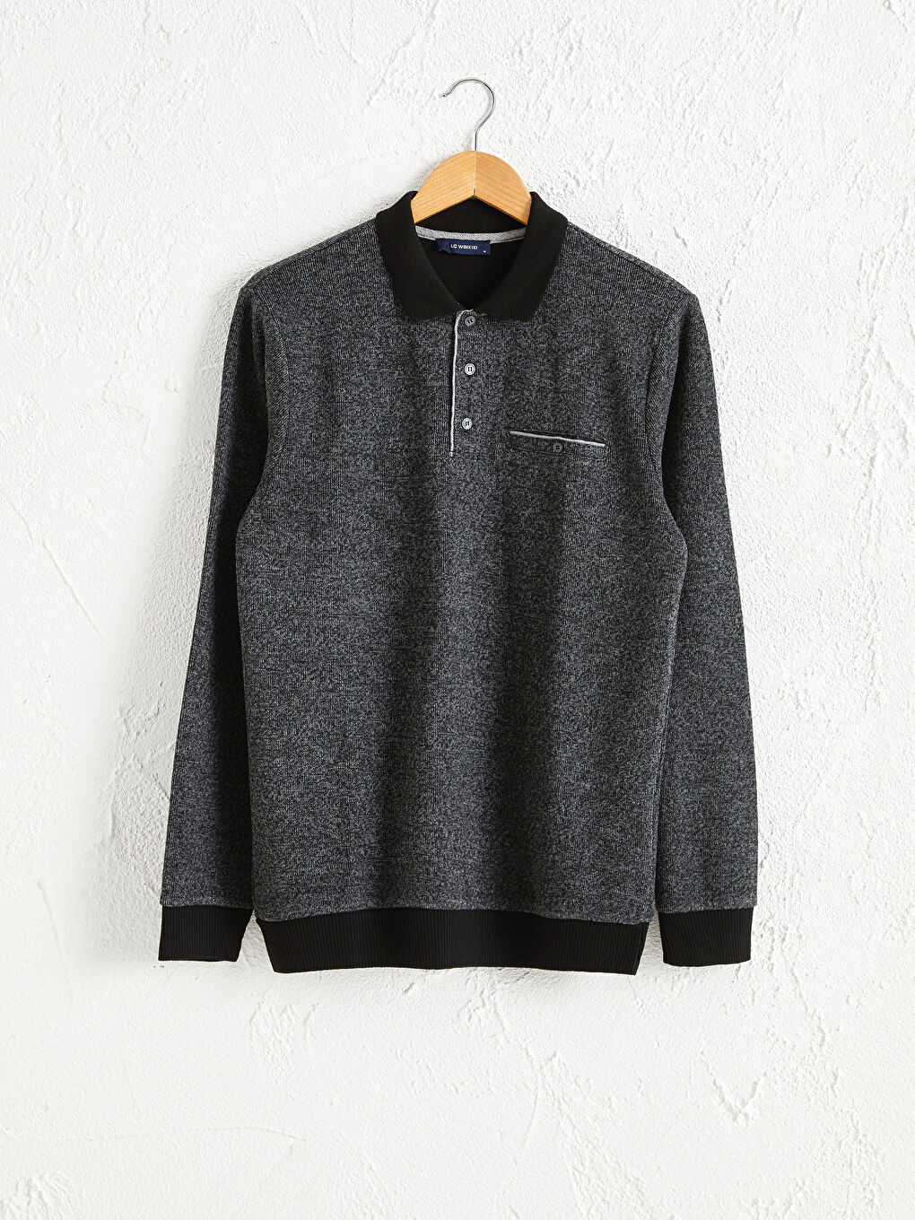 Siyah Polo Yaka Uzun Kollu Sweatshirt