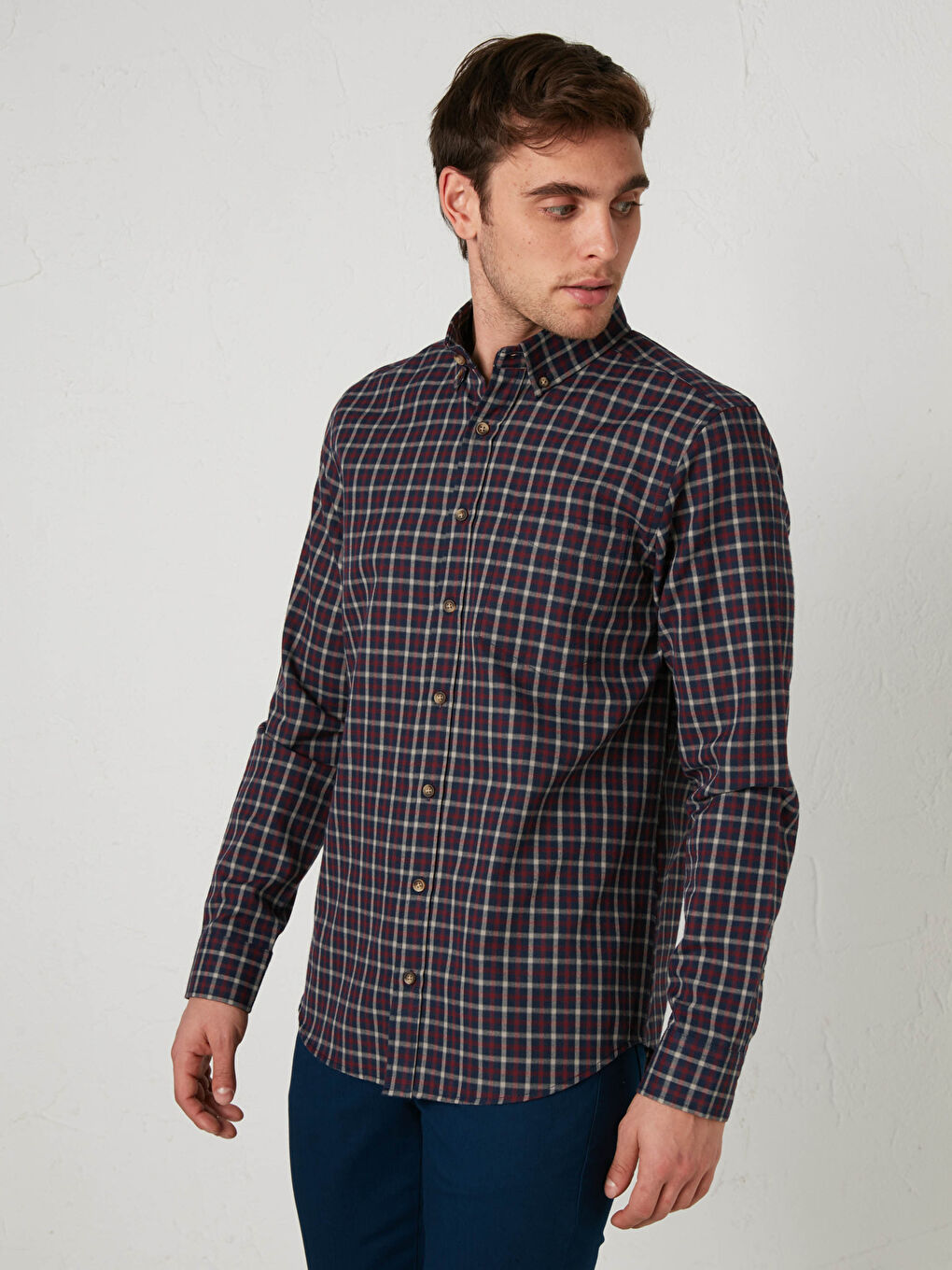 Bordo Regular Fit Uzun Kollu Ekose Gabardin Gömlek