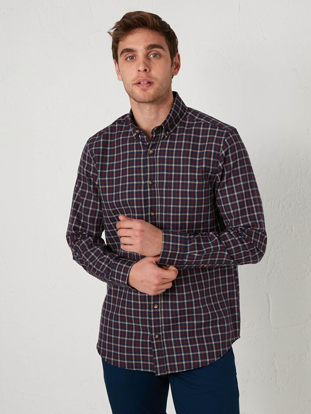 Bordo Regular Fit Uzun Kollu Ekose Gabardin Gömlek-1